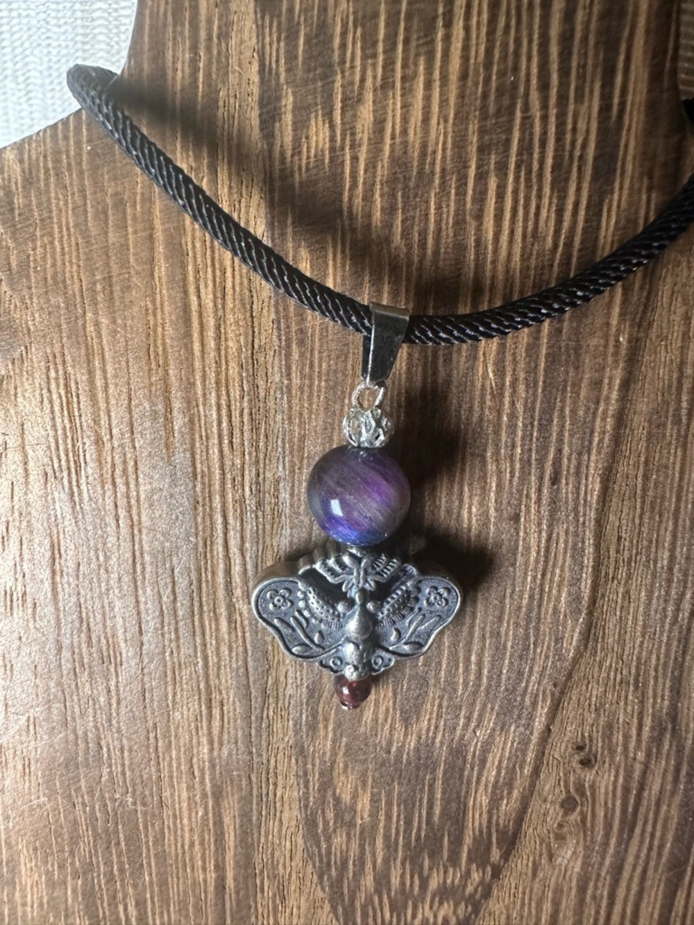 Silver Moth Charm Pendant Necklace with Garnet and Mystic Tiger’s Eye on Rope - Picture 2 of 12